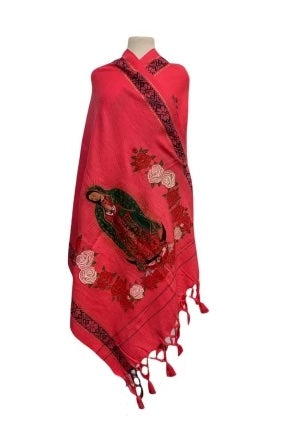 Coral Rebozo With Virgin of Guadalupe (Virgencita)